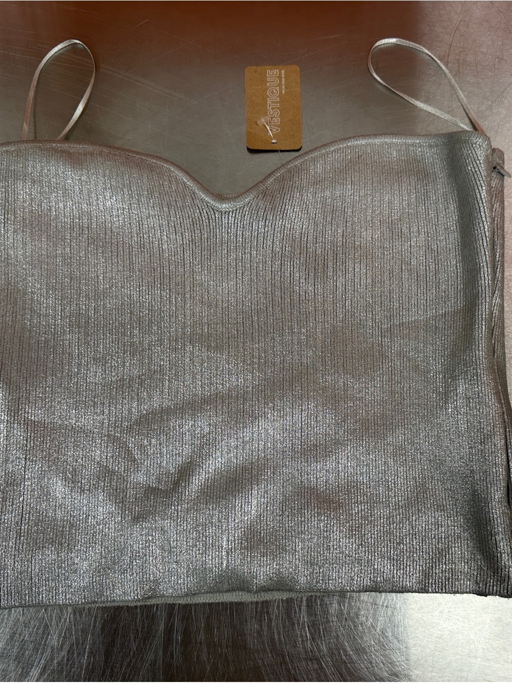 NWT Vestique Brielle Silver Metallic Ribbed Knit Top Sweetheart Large